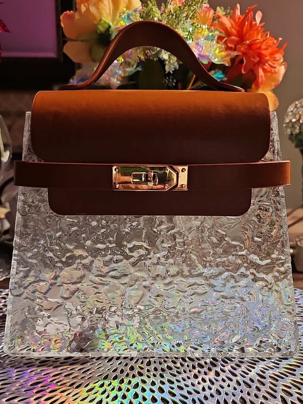 Clear Textured Acrylic Top-Handle Bag with Brown Faux Leather Trim